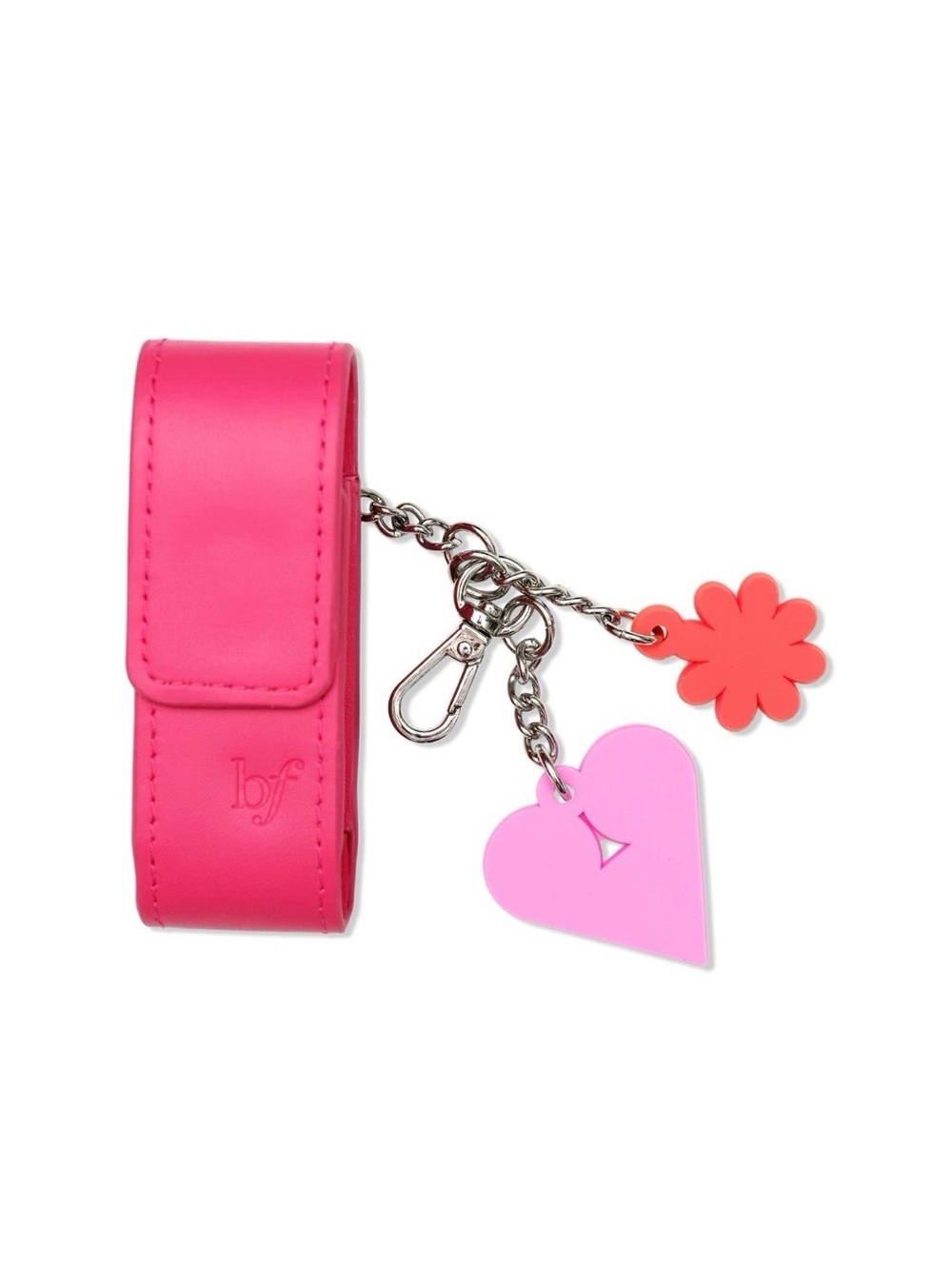 Benefit Bright Pink Keychain or Phone Holder with Heart & Flower Charms